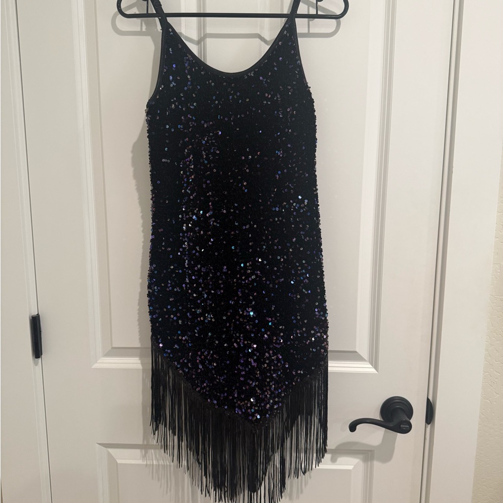 Black Sequin Fringe Dress used for Masquerade Ball!